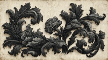 Intricate black-and-white relief artwork with swirling foliage, central detailed flower, curvilinear leaf forms, textured off-white background, symmetrical ornate composition.