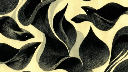 Abstract black and beige design with flowing organic shapes resembling leaves or birds, textured with fine parallel lines and small white dots, creating a sense of movement and contrast.