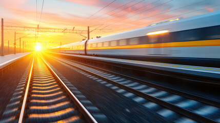 A train is speeding down the tracks with the sun setting in the background