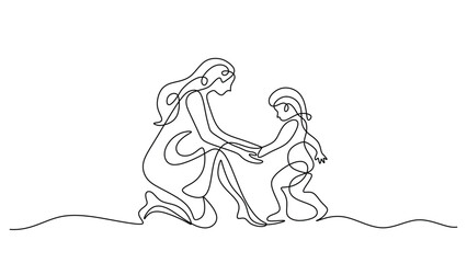 Playful Moment. Kneeling Mother Playing with Child One Line Drawing