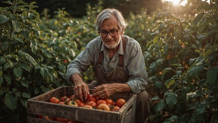 An elderly man with glasses picking tomatoes in a garden with a crate full of fresh tomatoes