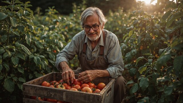 An elderly man with glasses picking tomatoes in a garden with a crate full of fresh tomatoes - Powered by Adobe