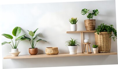 Fototapeta premium Various potted houseplants displayed on light wood shelves against a white wall