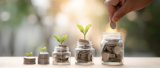 The growing investment in savings with coins and plants in jars
