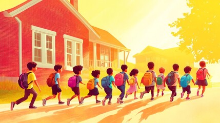 Excited diverse children with backpacks walking to a red-brick school. Morning rush concept on a pastel yellow background.