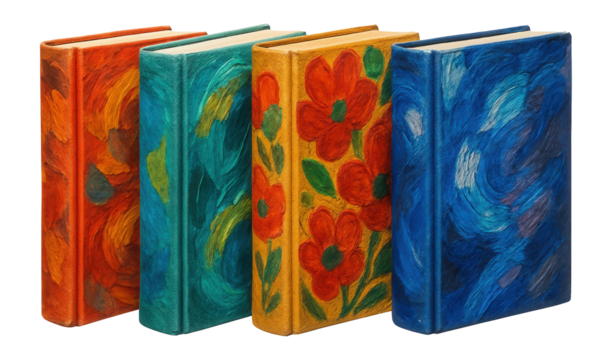 Decorative books with hand-painted covers for a personalized touch in a creative workspace