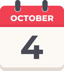 4 October Daily Calendar Icon in flat design style red and white