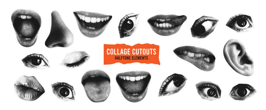 Halftone set of lips, mouth, nose and ear. Monochrome halftone human face elements with different emotions. Collection of element for collage cut out from magazine or newspaper. Vector.