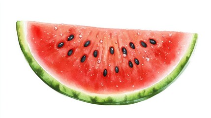 A large, vibrant red slice of watermelon with black seeds and glistening juice drops. Isolated on white for summer food design.