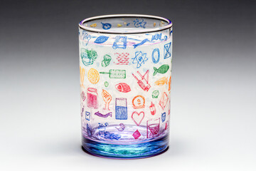 01.015.090.190.Glass tumblers with colorful etched icons and gradient base.