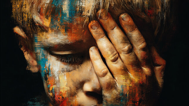 Rough painting of a little boy covering his face with his hand in emotional distress, bold brushstrokes and raw texture conveying sadness and vulnerability.