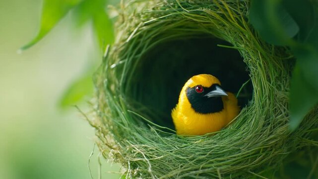 Close up view of a beautiful yellow weaver bird sitting comfortably in its woven nest on a tree