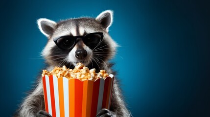 Raccoon wearing sunglasses is holding a striped popcorn bucket, set against a vibrant blue background, creating a playful and whimsical atmosphere for entertainment themes