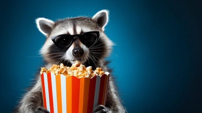 Raccoon wearing sunglasses is holding a striped popcorn bucket, set against a vibrant blue background, creating a playful and whimsical atmosphere for entertainment themes