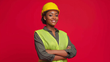 A confident Black female construction worker smiling, wearing safety gear, standing at a work site, showing strength, professionalism, and positivity in the construction industry.