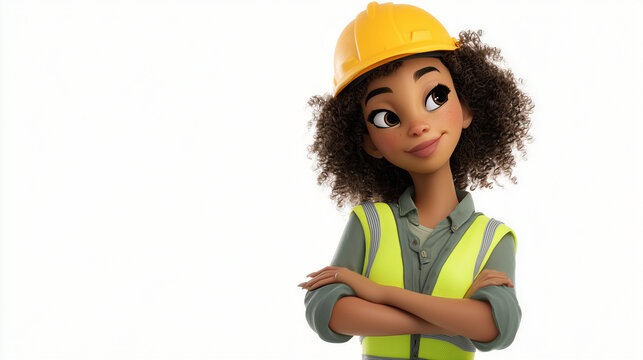 3D cartoon illustration of a confident black female construction worker smiling proudly, wearing safety helmet and uniform, symbolizing strength, skill, and positivity at work.