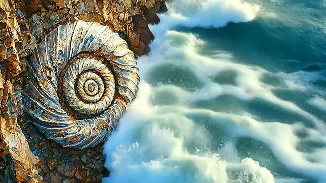 A stunning close-up of a large fossilized shell embedded in a rocky cliff with crashing waves below