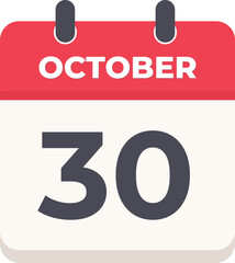 30 October Daily Calendar Icon in flat design style red and white