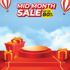 Mid Month Sale Podium with Gift Boxes and Hot Air Balloons Sky Background