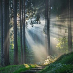 Obraz premium Sunbeams Through Misty Forest Path Magical Sunrise