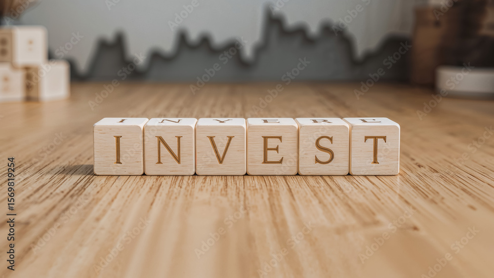 Aufkleber investing shown with wooden blocks on a table with financial graph in the background to represent bu