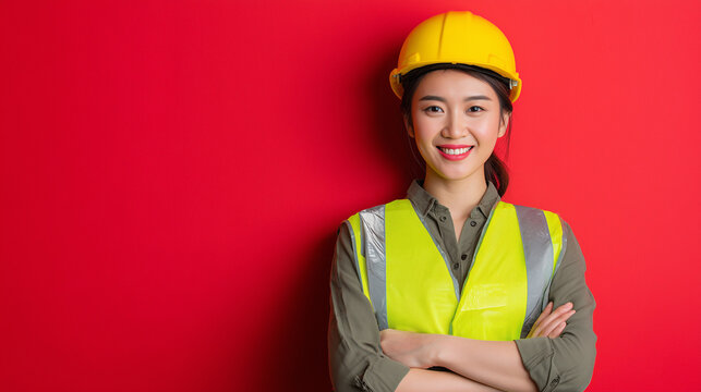 A confident Chinese female construction worker smiling proudly at the worksite, wearing safety helmet and vest, symbol of strength, equality, and professional success.