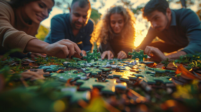 Eco-conscious business professionals outdoors in a park assembling large green puzzle pieces, symbolizing teamwork and commitment to ESG and net zero sustainability goals - Powered by Adobe