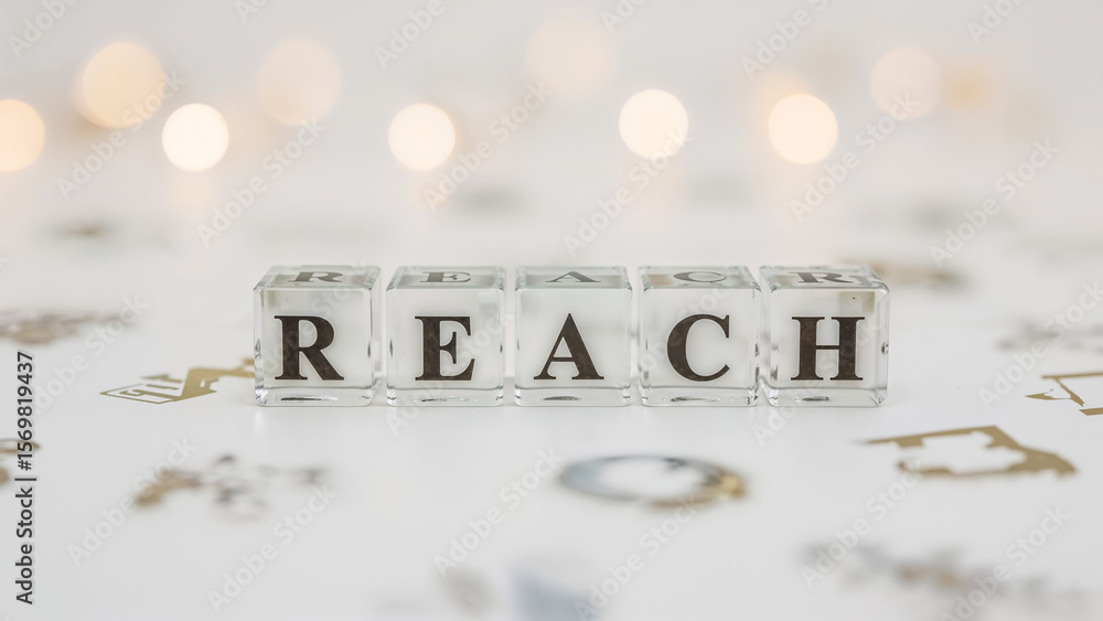 Poster the word reach is spelled out using blocks with a bokeh background on a light surface.
