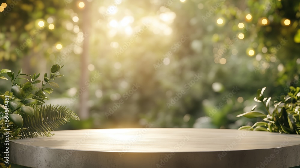 Poster natural setting with soft sunlight illuminating a stone table surrounded by lush greenery, creating 