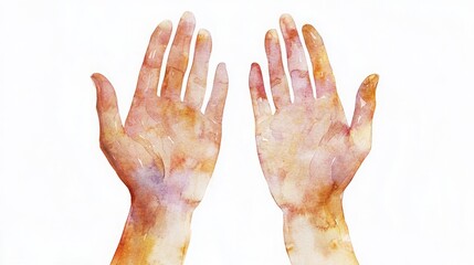 Serene watercolor of two hands raised in supplication (Dua), bathed in ethereal light. Isolated on white background.