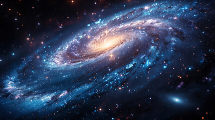 Spiral galaxy with glowing blue arms and luminous core in deep black space, detailed cosmic features with scattered stars and nebula edges in high resolution