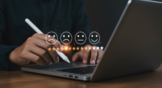 Customer feedback survey with star ratings and emoticons on a laptop