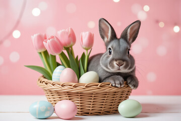 Spring Holiday Celebration - Gray Bunny in Wicker Basket with Pastel Eggs and Pink Tulips for Seasonal Greeting Cards and Home Decoration