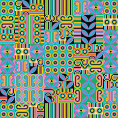 Abstract seamless pattern. Colorfulness and symmetry shine in this vintage geometric illustration. Circles and lines create parallel stylish designs