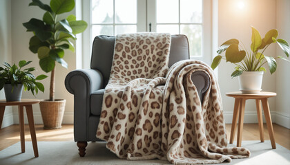 Cozy Leopard Print Throw Blanket - Plush Texture on Gray Armchair with Indoor Plants for Home Decor, Interior Design, and Comfort Living Spaces
