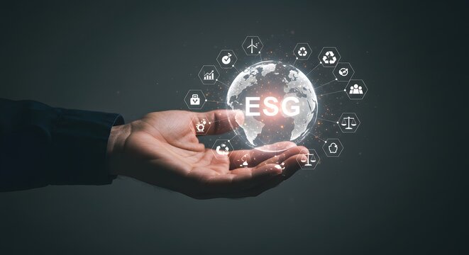 Hand holding a globe with esg icons representing sustainability and corporate responsibility