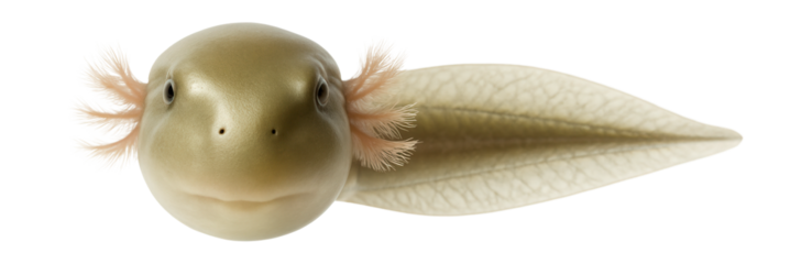 Tadpole with elongated tail and external gills visible on both sides of the head