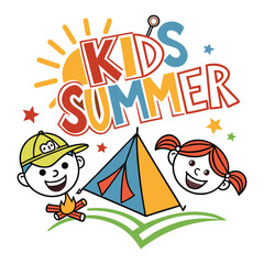 kids summer camp logo with two children and a tent.