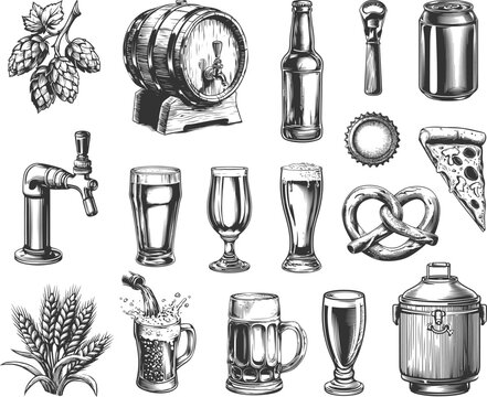 Set illustrations of beer isolated on transparent background. Vector graphics