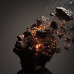 Man's head erupting in fiery rocks