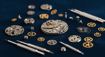 Watchmaker’s Workbench, Macro close-up of disassembled gears, springs, and watch components 