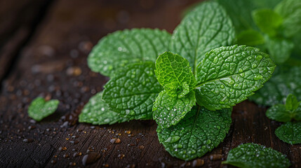 Macro image of a fresh mint leaf with water droplets resting on a dark wooden table, featuring high detail and side lighting to emphasize natural texture and veins