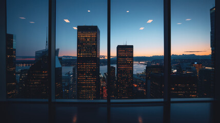 A city skyline at night with the sun setting in the background