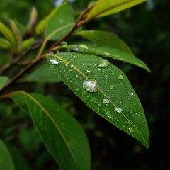 Close-up of rain drops on lush green leaves