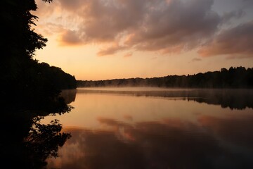 Obraz premium Misty lake at sunrise with silhouetted trees and golden sky