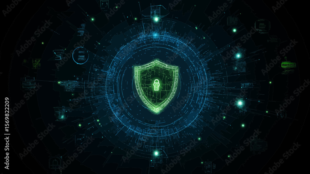 Poster shield padlock graphic represents security and data protection in cyberspace with a modern digital i