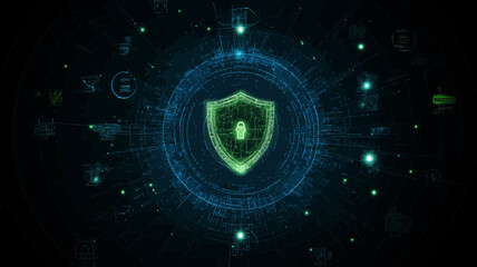 Obraz premium Shield padlock graphic represents security and data protection in cyberspace with a modern digital interface