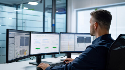 Professional data analyst reviewing complex information on multiple screens in a modern tech workspace. Ideal for themes like data analysis, business intelligence, financial reporting, and high-tech w