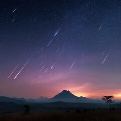 Starry night, meteor shower over mountains