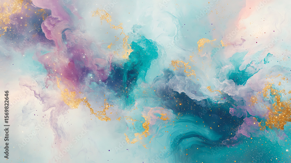 Poster an ethereal view of a galaxy collision, with clouds of gas and stars exploding in soft pastels of te